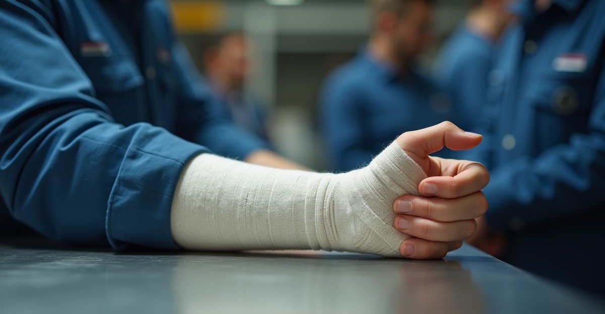 Antebraço enfaixado sobre bancada de trabalho, em ambiente industrial.